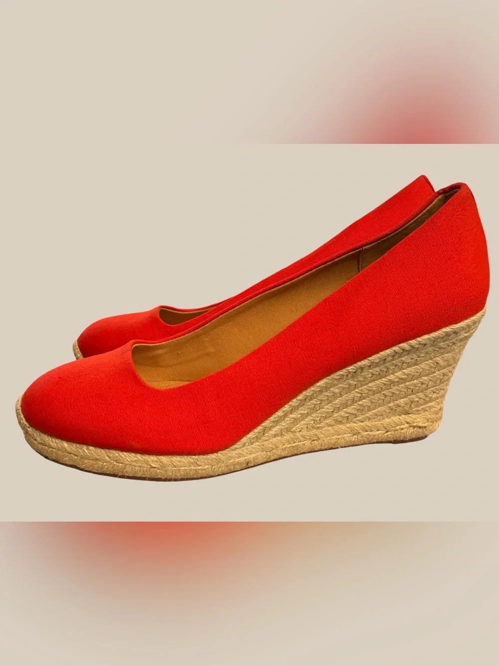 J. Crew Seville Red Canvas Espadrille Wedge Heels Closed Round Toe Flame SZ 9